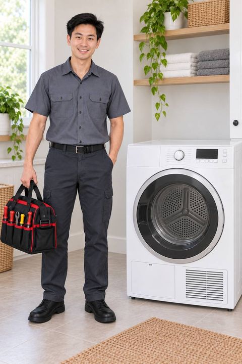Error Code Appliance technician beside a dryer in a Tri-Cities laundry room