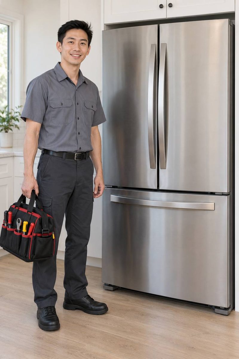 Error Code Appliance technician beside a stainless French-door refrigerator