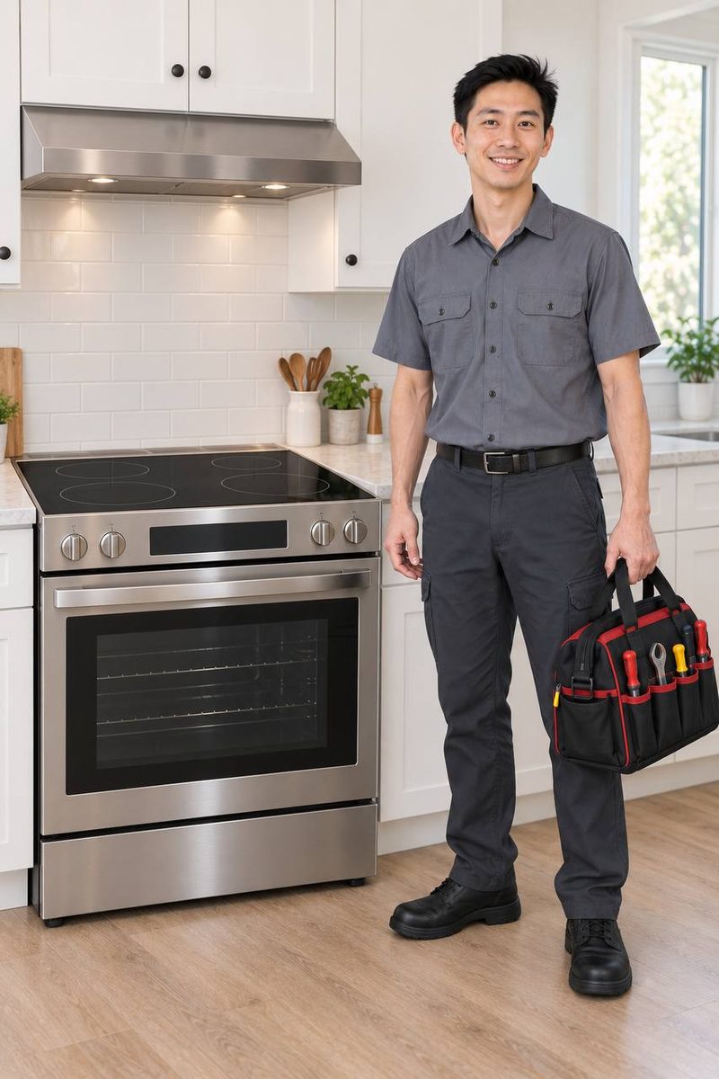 Error Code Appliance technician beside a stainless electric range